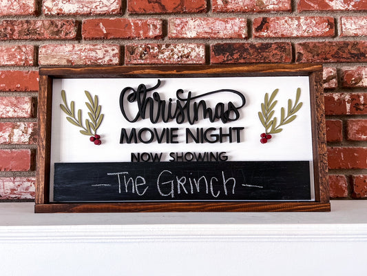 22X11.5" Christmas Movie Night Wood Sign with Chalkboard